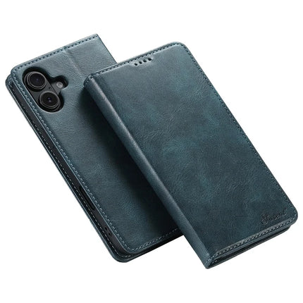 SUTENI J02 Series for iPhone 16 Plus Case Waxy Texture Leather Phone Cover with Magnetic Closure - Blue