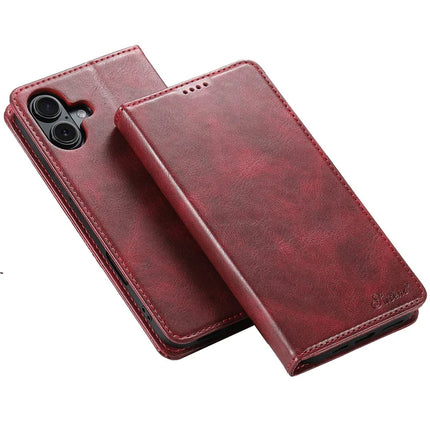 SUTENI J02 Series for iPhone 16 Plus Case Waxy Texture Leather Phone Cover with Magnetic Closure - Red