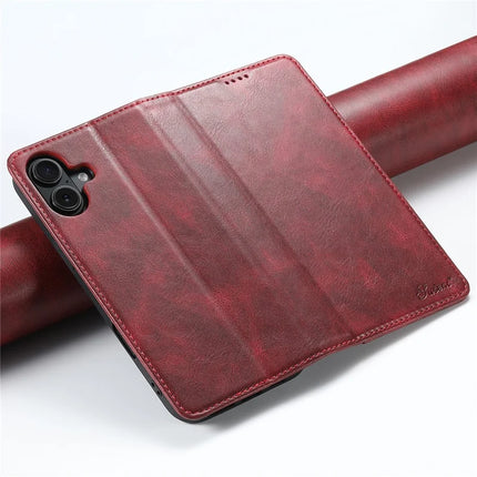 SUTENI J02 Series for iPhone 16 Plus Case Waxy Texture Leather Phone Cover with Magnetic Closure