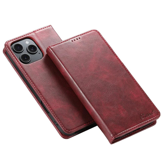 SUTENI J02 Series for iPhone 16 Pro Max Case Waxy Texture Leather Phone Cover with Magnetic Closure - Red