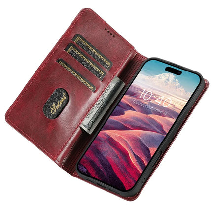 SUTENI J02 Series for iPhone 16 Pro Max Case Waxy Texture Leather Phone Cover with Magnetic Closure