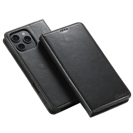 SUTENI J02 Series for iPhone 16 Pro Max Case Waxy Texture Leather Phone Cover with Magnetic Closure - Black