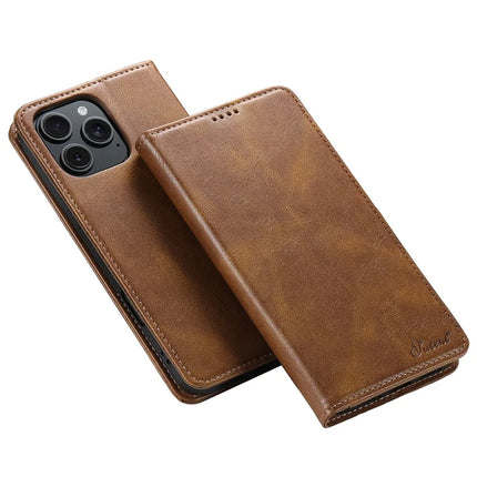 SUTENI J02 Series for iPhone 16 Pro Case Waxy Texture Leather Phone Cover with Magnetic Closure - Brown