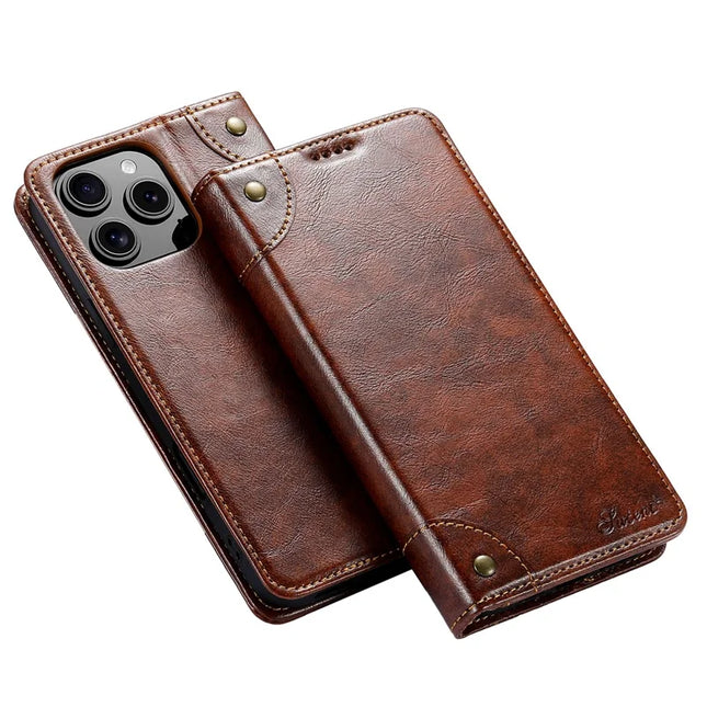 SUTENI For iPhone 16 Pro Max Case PU Leather Stand Wallet Phone Cover - Khaki