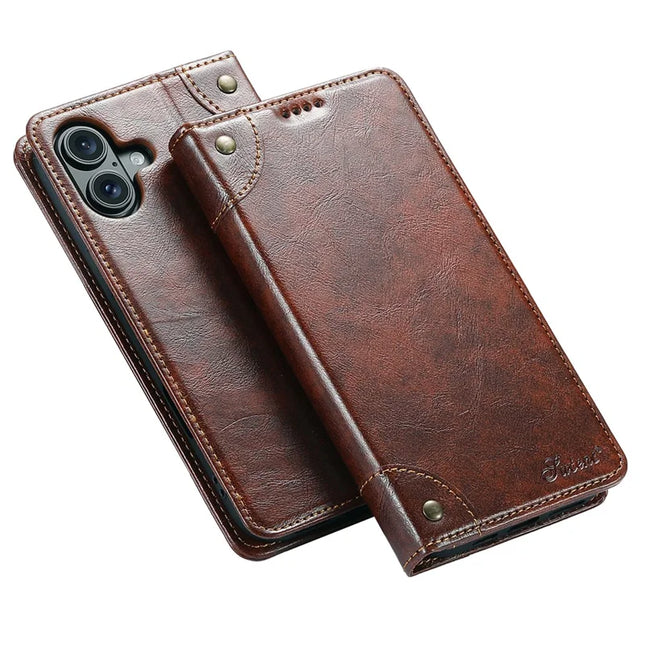 SUTENI For iPhone 16 Plus Case PU Leather Stand Wallet Phone Cover - Khaki