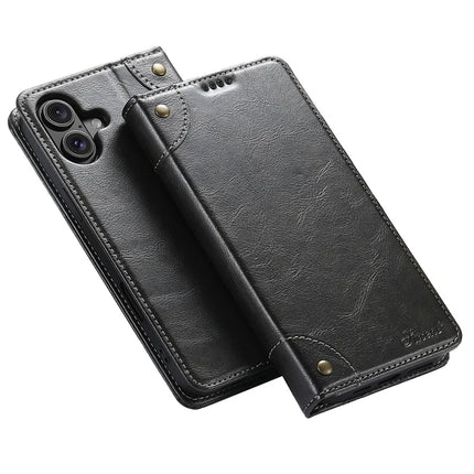 SUTENI For iPhone 16 Plus Case PU Leather Stand Wallet Phone Cover - Black