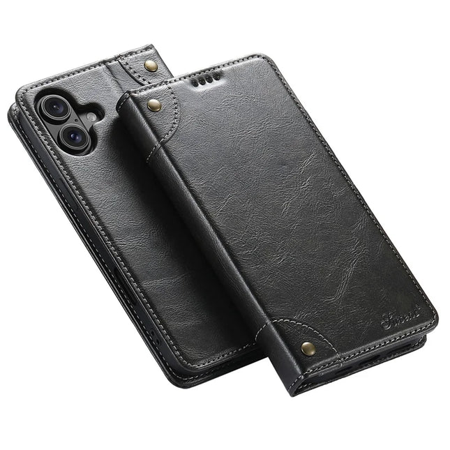 SUTENI For iPhone 16 Case PU Leather Stand Wallet Phone Cover - Black