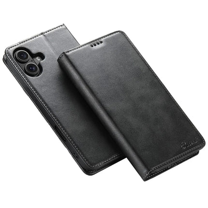SUTENI For iPhone 16 Plus Case PU Leather Wallet Stand Magnetic Closing Phone Cover - Black