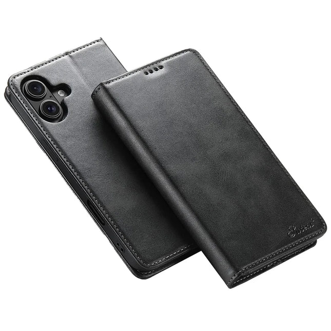 SUTENI For iPhone 16 Plus Case PU Leather Wallet Stand Magnetic Closing Phone Cover - Black
