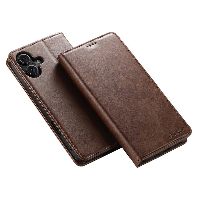 SUTENI For iPhone 16 Plus Case PU Leather Wallet Stand Magnetic Closing Phone Cover - Brown