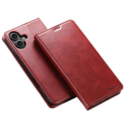 SUTENI For iPhone 16 Plus Case PU Leather Wallet Stand Magnetic Closing Phone Cover - Red
