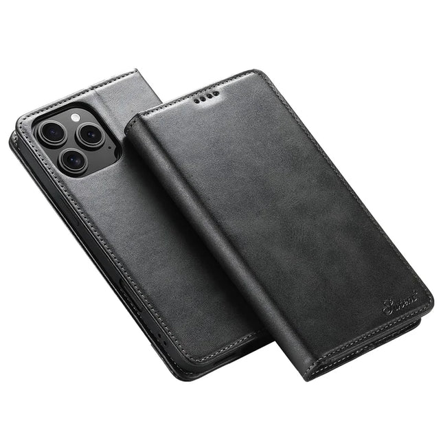 SUTENI For iPhone 16 Pro Max Case PU Leather Wallet Stand Magnetic Closing Phone Cover - Black