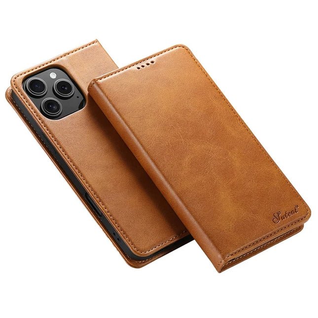 SUTENI For iPhone 16 Pro Max Case PU Leather Wallet Stand Magnetic Closing Phone Cover - Khaki
