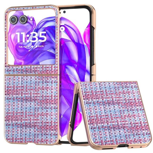 For Motorola Razr 50 5G Case Electroplating Edge Plaid Texture PU Leather+PC Phone Cover - Purple