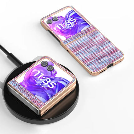 For Motorola Razr 50 5G Case Electroplating Edge Plaid Texture PU Leather+PC Phone Cover