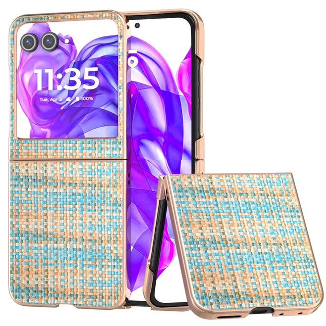 For Motorola Razr 50 5G Case Electroplating Edge Plaid Texture PU Leather+PC Phone Cover - Blue