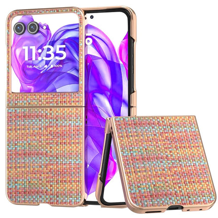 For Motorola Razr 50 5G Case Electroplating Edge Plaid Texture PU Leather+PC Phone Cover - Orange Red