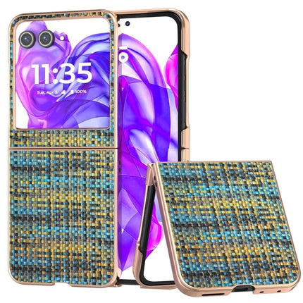For Motorola Razr 50 5G Case Electroplating Edge Plaid Texture PU Leather+PC Phone Cover - Gold