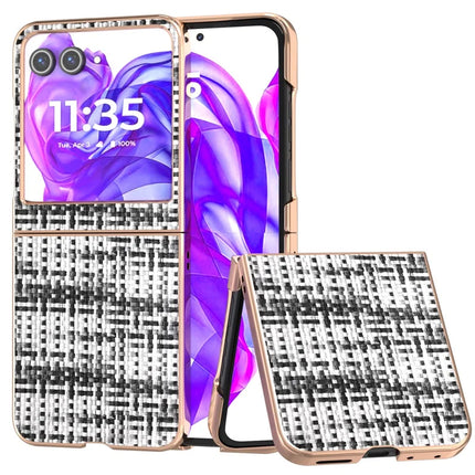 For Motorola Razr 50 5G Case Electroplating Edge Plaid Texture PU Leather+PC Phone Cover - Black+White
