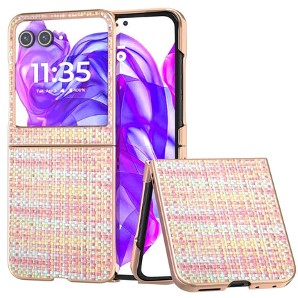 For Motorola Razr 50 5G Case Electroplating Edge Plaid Texture PU Leather+PC Phone Cover - Pink