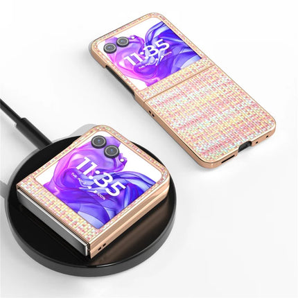For Motorola Razr 50 5G Case Electroplating Edge Plaid Texture PU Leather+PC Phone Cover