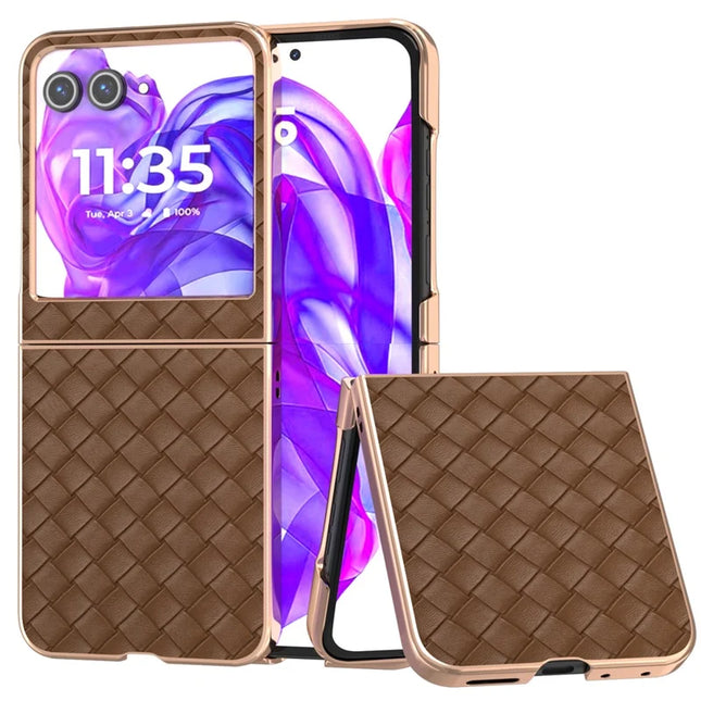 For Motorola Razr 50 5G Case Woven Texture Electroplating Edge Leather Coated PC Phone Cover - Brown