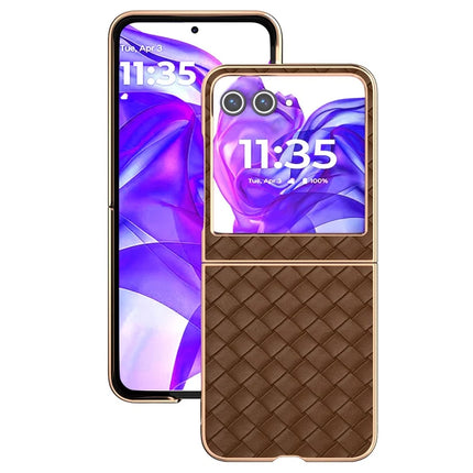 For Motorola Razr 50 5G Case Woven Texture Electroplating Edge Leather Coated PC Phone Cover