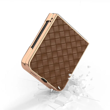 For Motorola Razr 50 5G Case Woven Texture Electroplating Edge Leather Coated PC Phone Cover