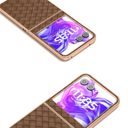 For Motorola Razr 50 5G Case Woven Texture Electroplating Edge Leather Coated PC Phone Cover