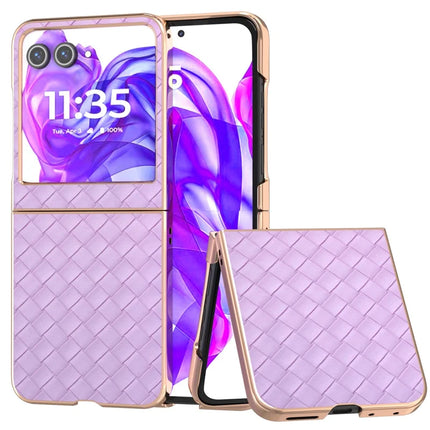 For Motorola Razr 50 5G Case Woven Texture Electroplating Edge Leather Coated PC Phone Cover - Purple