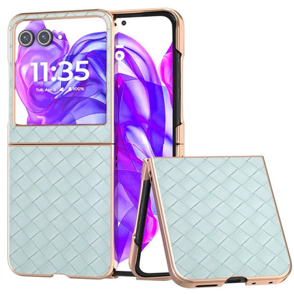 For Motorola Razr 50 5G Case Woven Texture Electroplating Edge Leather Coated PC Phone Cover - Light Green