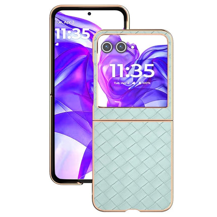 For Motorola Razr 50 5G Case Woven Texture Electroplating Edge Leather Coated PC Phone Cover