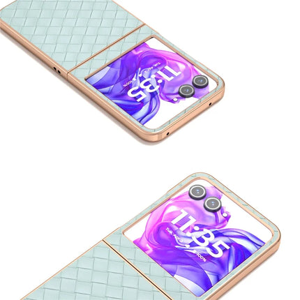 For Motorola Razr 50 5G Case Woven Texture Electroplating Edge Leather Coated PC Phone Cover