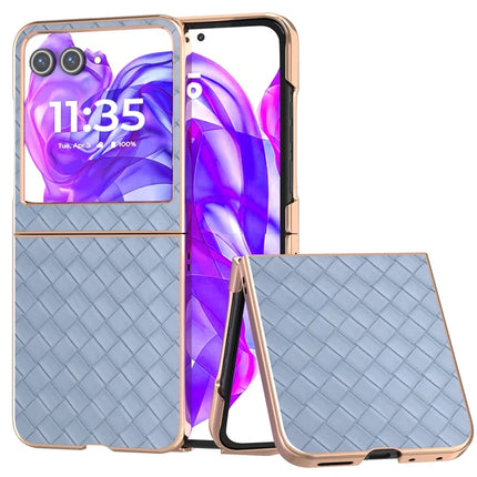 For Motorola Razr 50 5G Case Woven Texture Electroplating Edge Leather Coated PC Phone Cover - Baby Blue