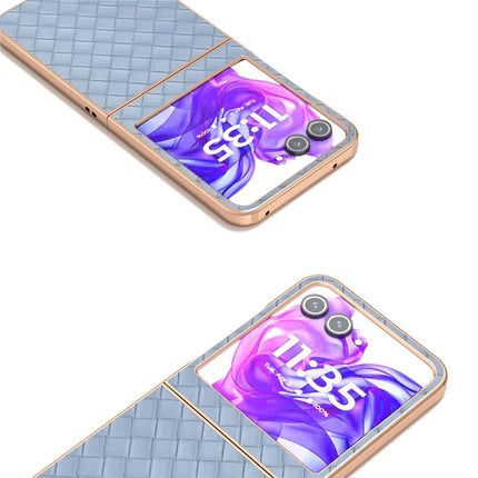 For Motorola Razr 50 5G Case Woven Texture Electroplating Edge Leather Coated PC Phone Cover