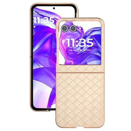 For Motorola Razr 50 5G Case Woven Texture Electroplating Edge Leather Coated PC Phone Cover