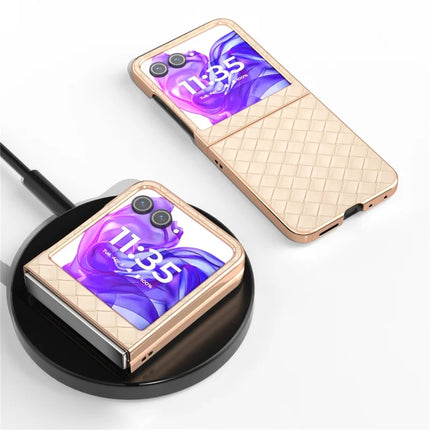 For Motorola Razr 50 5G Case Woven Texture Electroplating Edge Leather Coated PC Phone Cover