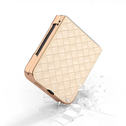 For Motorola Razr 50 5G Case Woven Texture Electroplating Edge Leather Coated PC Phone Cover