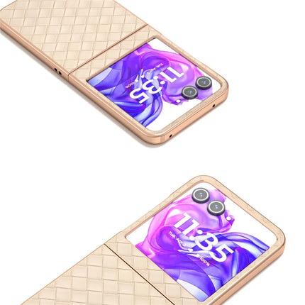 For Motorola Razr 50 5G Case Woven Texture Electroplating Edge Leather Coated PC Phone Cover