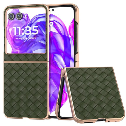 For Motorola Razr 50 5G Case Woven Texture Electroplating Edge Leather Coated PC Phone Cover - Green