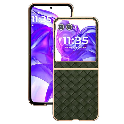 For Motorola Razr 50 5G Case Woven Texture Electroplating Edge Leather Coated PC Phone Cover