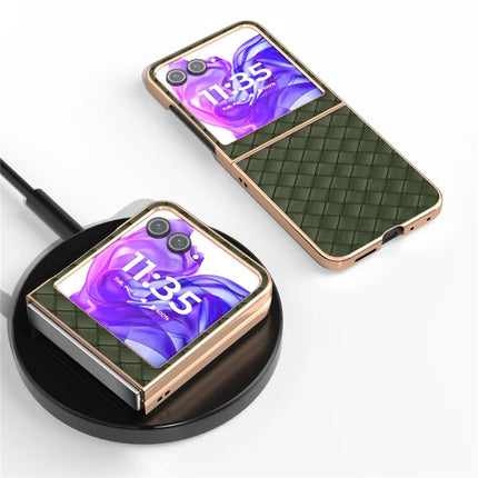 For Motorola Razr 50 5G Case Woven Texture Electroplating Edge Leather Coated PC Phone Cover