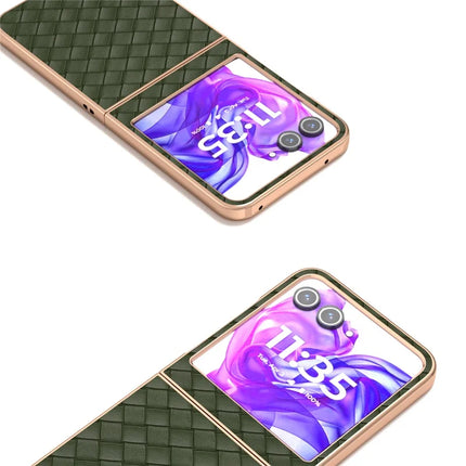 For Motorola Razr 50 5G Case Woven Texture Electroplating Edge Leather Coated PC Phone Cover