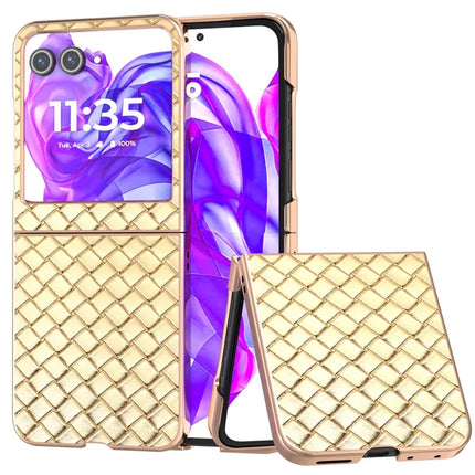 For Motorola Razr 50 5G Case Woven Texture Electroplating Edge Leather Coated PC Phone Cover - Gold