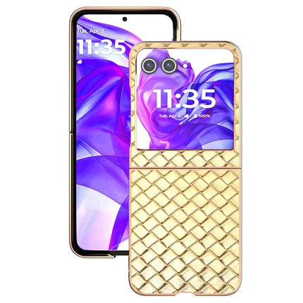 For Motorola Razr 50 5G Case Woven Texture Electroplating Edge Leather Coated PC Phone Cover