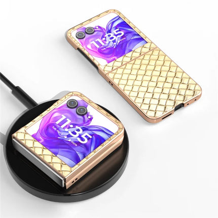 For Motorola Razr 50 5G Case Woven Texture Electroplating Edge Leather Coated PC Phone Cover