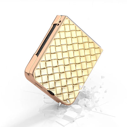 For Motorola Razr 50 5G Case Woven Texture Electroplating Edge Leather Coated PC Phone Cover