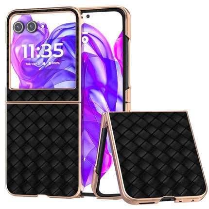 For Motorola Razr 50 5G Case Woven Texture Electroplating Edge Leather Coated PC Phone Cover - Black