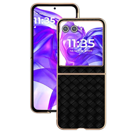 For Motorola Razr 50 5G Case Woven Texture Electroplating Edge Leather Coated PC Phone Cover