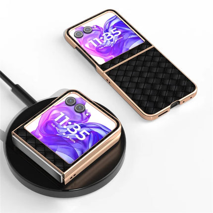For Motorola Razr 50 5G Case Woven Texture Electroplating Edge Leather Coated PC Phone Cover